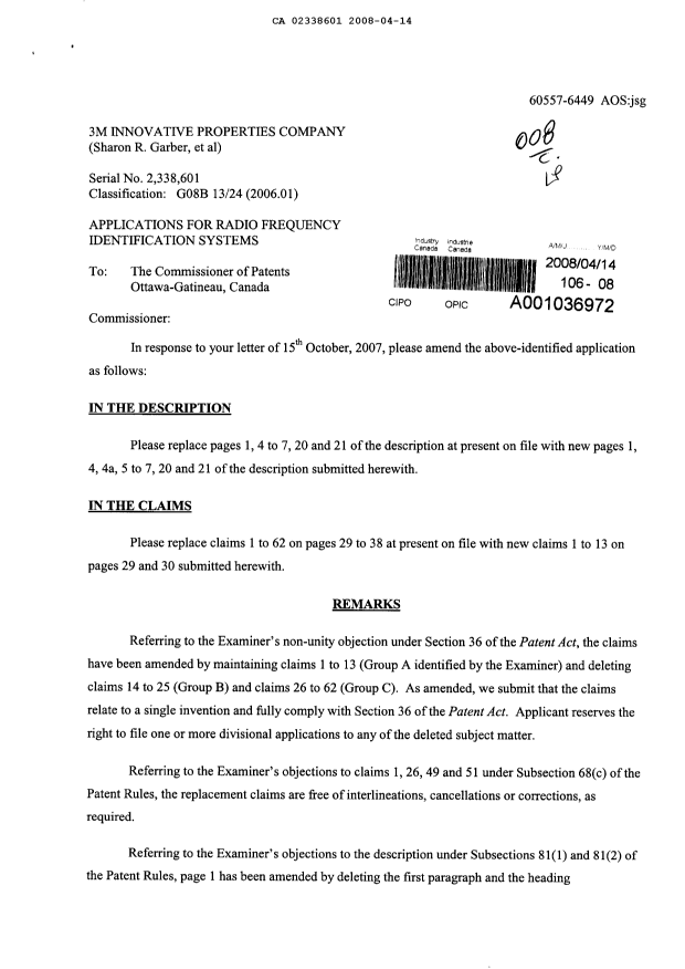 Canadian Patent Document 2338601. Prosecution-Amendment 20071214. Image 1 of 12