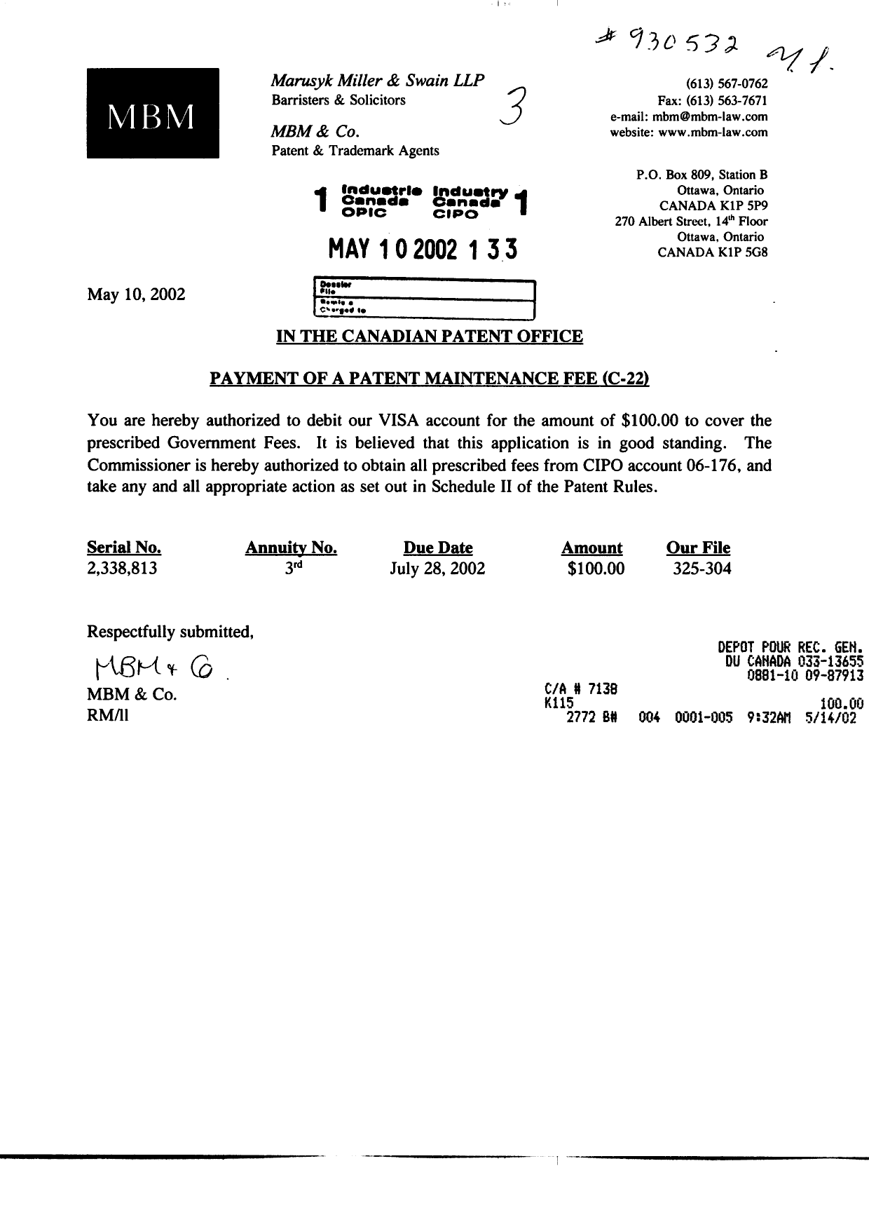 Document de brevet canadien 2338813. Taxes 20020510. Image 1 de 1
