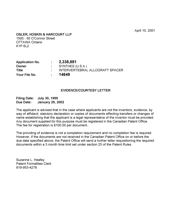 Canadian Patent Document 2338881. Correspondence 20001203. Image 1 of 1