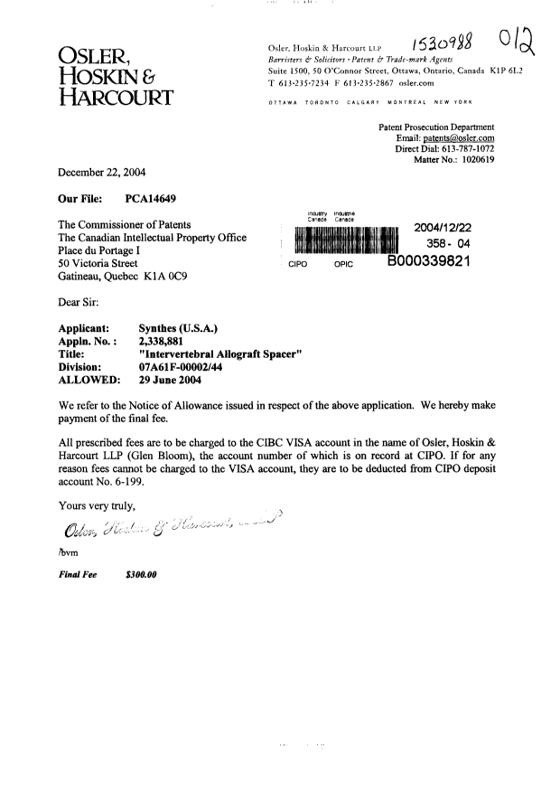 Canadian Patent Document 2338881. Correspondence 20031222. Image 1 of 1