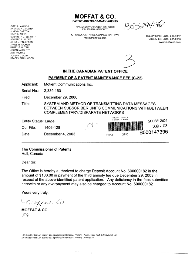 Canadian Patent Document 2339150. Fees 20031204. Image 1 of 1