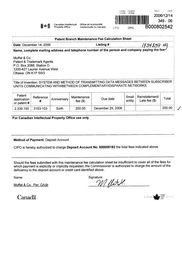 Canadian Patent Document 2339150. Fees 20061214. Image 1 of 1