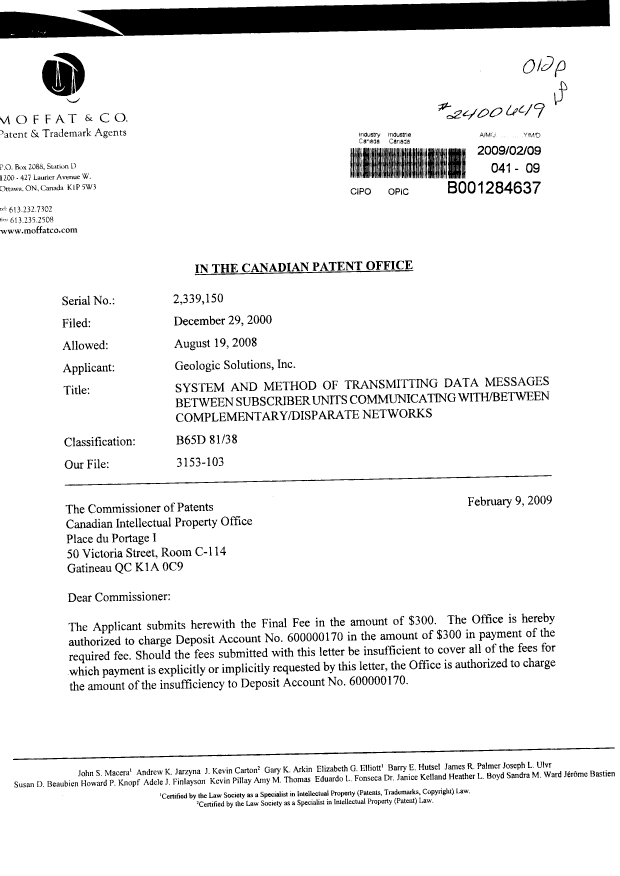 Canadian Patent Document 2339150. Correspondence 20090209. Image 1 of 2