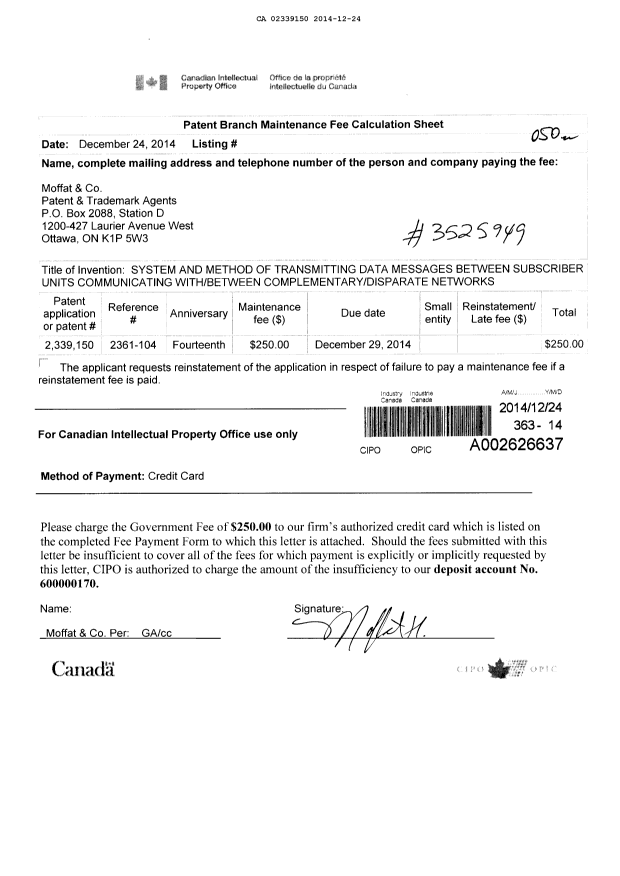 Canadian Patent Document 2339150. Fees 20141224. Image 1 of 1