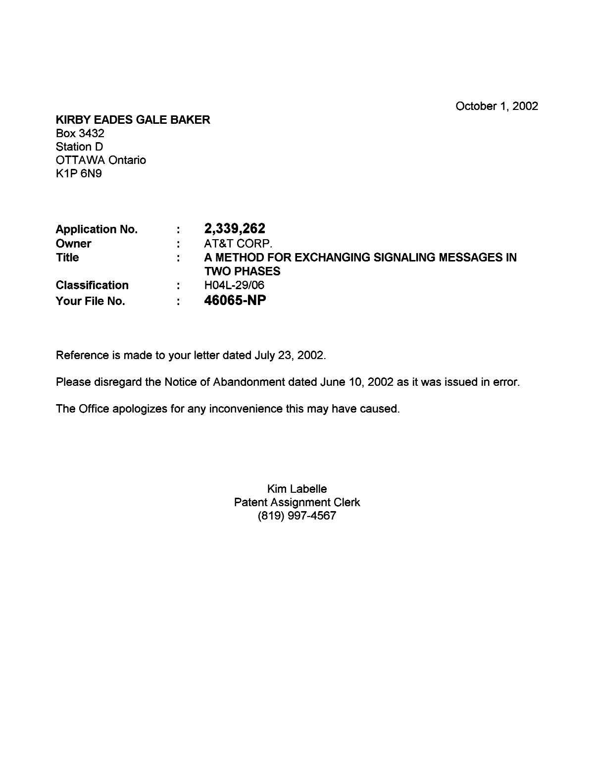 Canadian Patent Document 2339262. Correspondence 20021001. Image 1 of 1