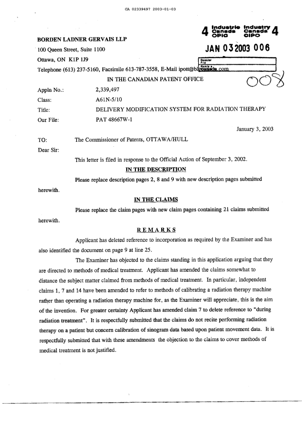 Canadian Patent Document 2339497. Prosecution-Amendment 20021203. Image 1 of 10