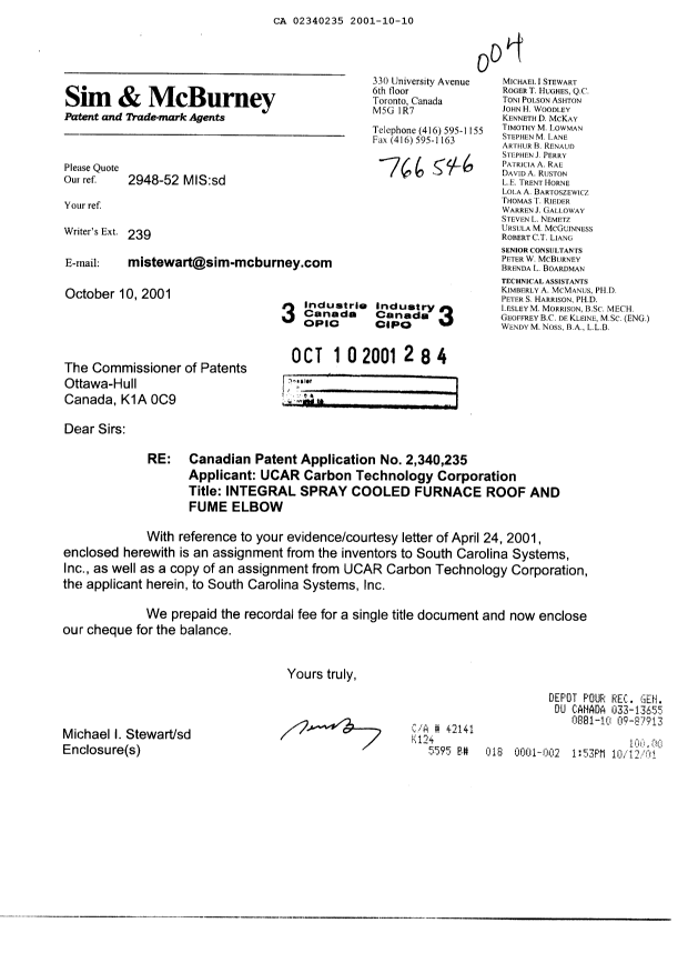 Document de brevet canadien 2340235. Cession 20011010. Image 1 de 26