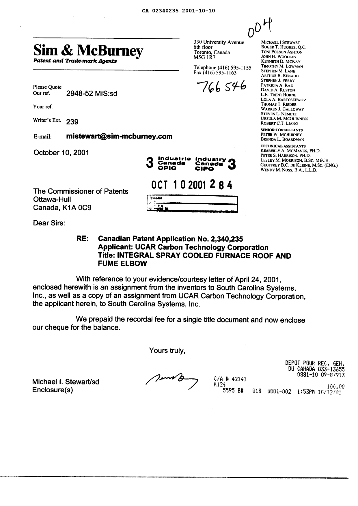 Canadian Patent Document 2340235. Assignment 20011010. Image 1 of 26