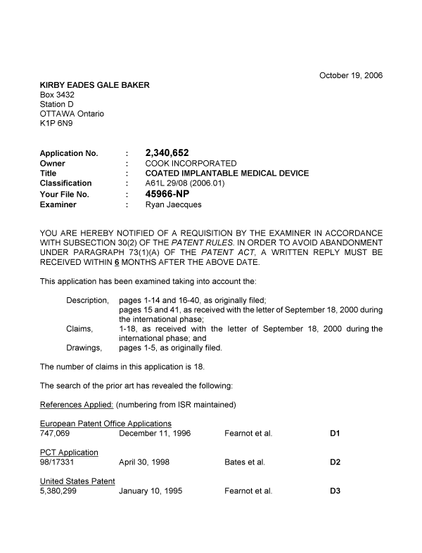 Canadian Patent Document 2340652. Prosecution-Amendment 20061019. Image 1 of 3
