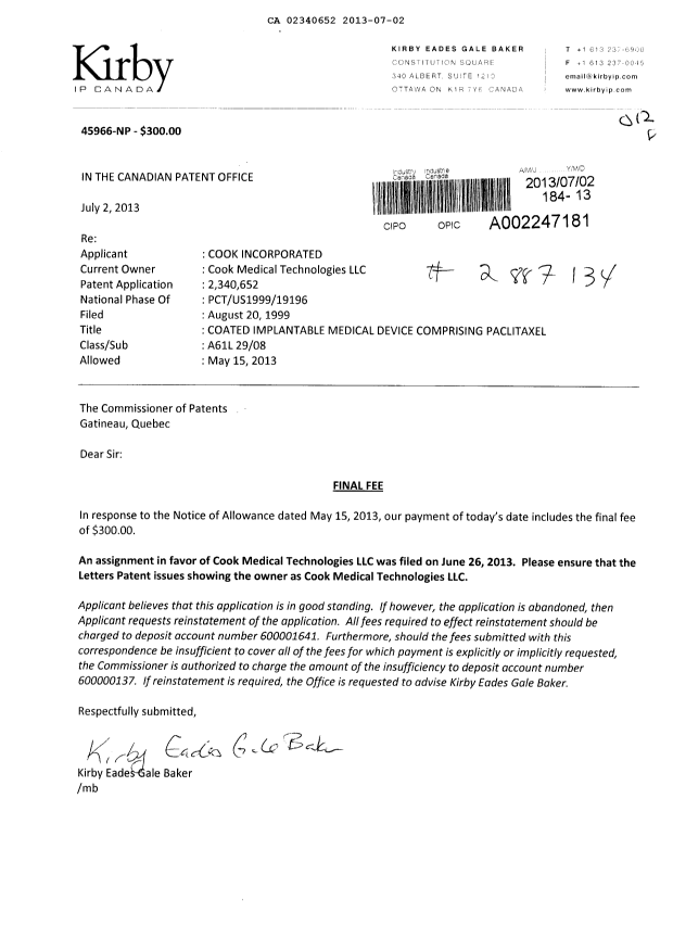 Canadian Patent Document 2340652. Correspondence 20130702. Image 1 of 1