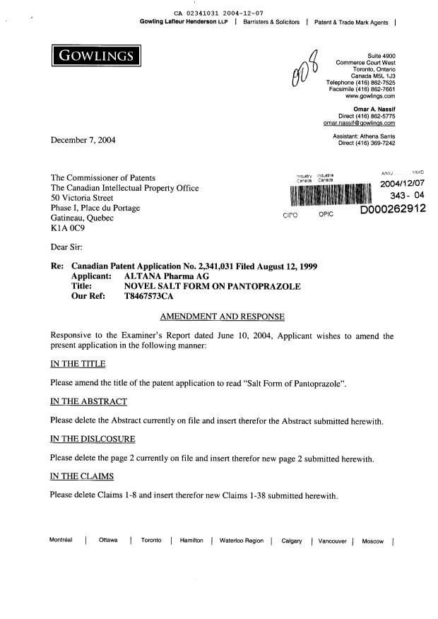 Canadian Patent Document 2341031. Prosecution-Amendment 20031207. Image 1 of 10