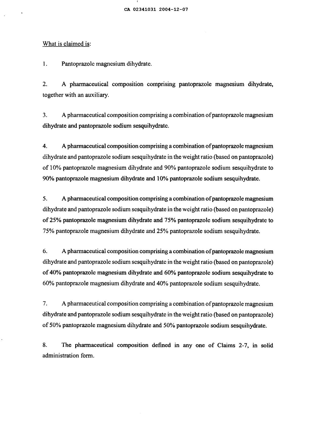 Document de brevet canadien 2341031. Revendications 20031207. Image 1 de 4