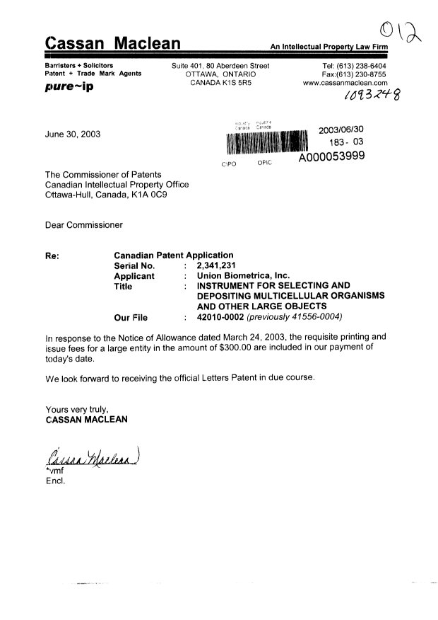 Canadian Patent Document 2341231. Correspondence 20030630. Image 1 of 1