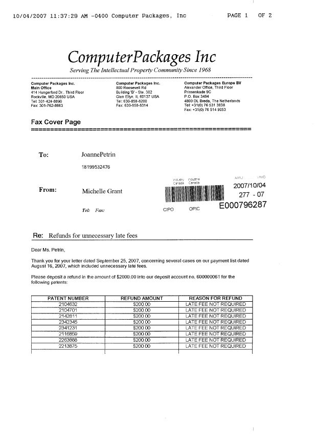 Document de brevet canadien 2341231. Correspondance 20071004. Image 1 de 2