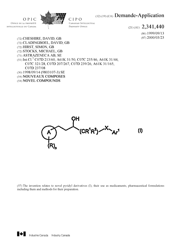 Document de brevet canadien 2341440. Page couverture 20001217. Image 1 de 1