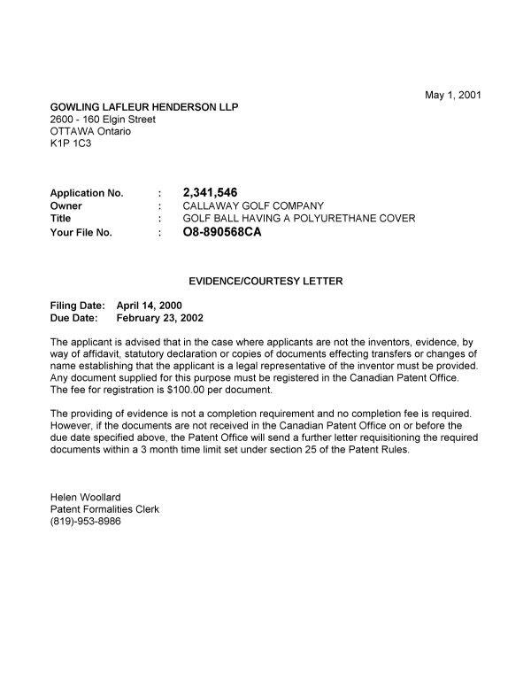 Document de brevet canadien 2341546. Correspondance 20010426. Image 1 de 1