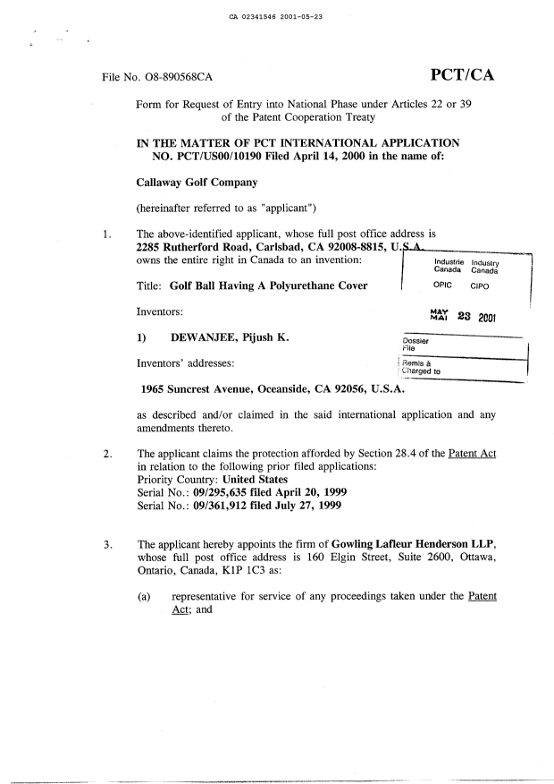 Canadian Patent Document 2341546. Correspondence 20010523. Image 2 of 3
