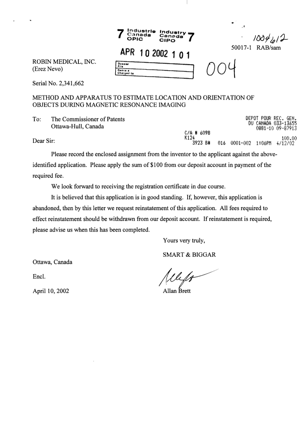Document de brevet canadien 2341662. Cession 20020410. Image 1 de 2