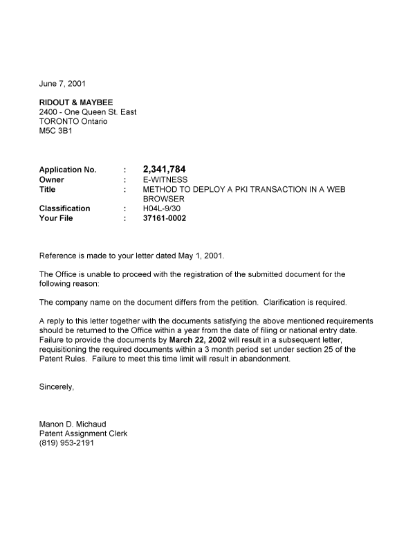 Document de brevet canadien 2341784. Correspondance 20010607. Image 1 de 1