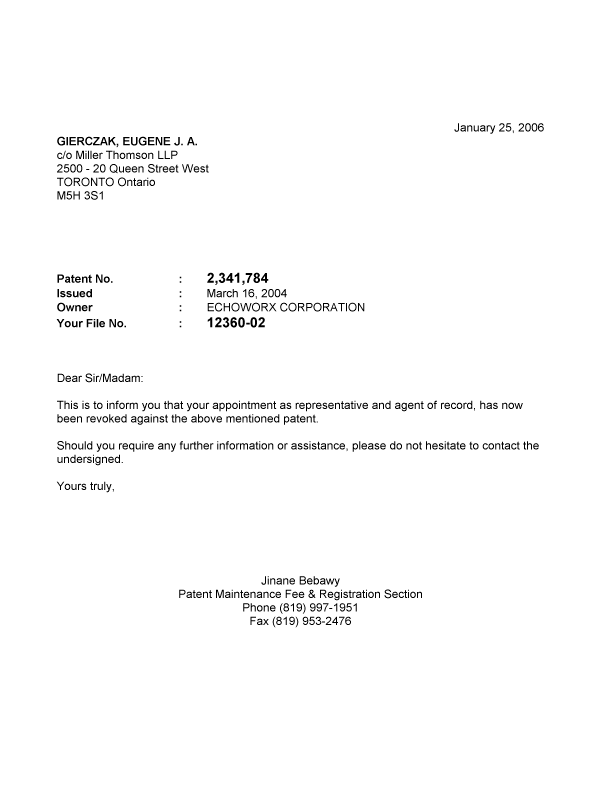 Canadian Patent Document 2341784. Correspondence 20060125. Image 1 of 1