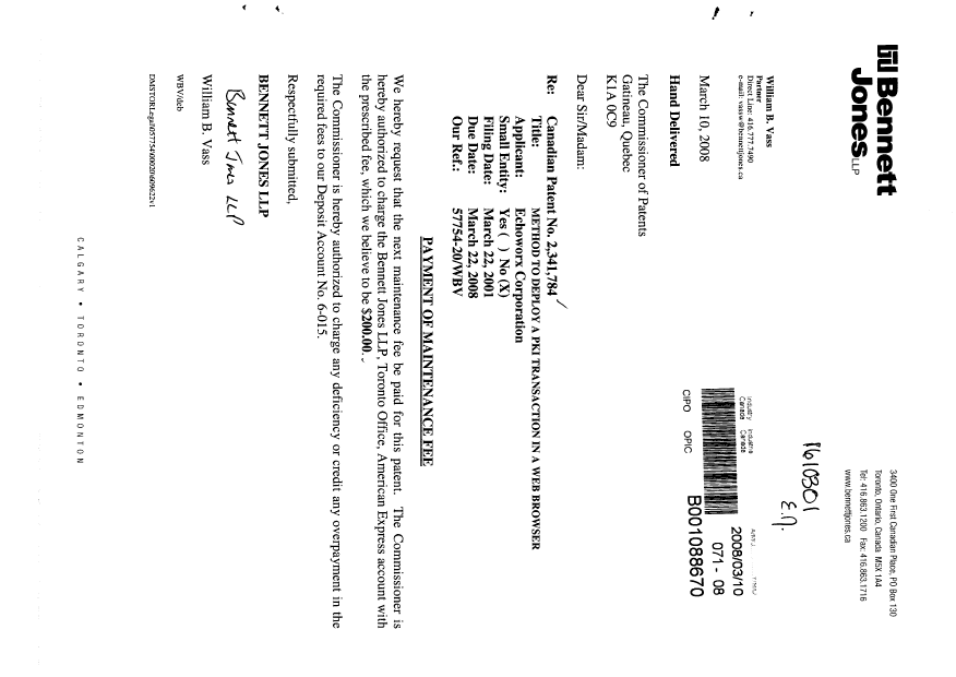 Canadian Patent Document 2341784. Fees 20080310. Image 1 of 1