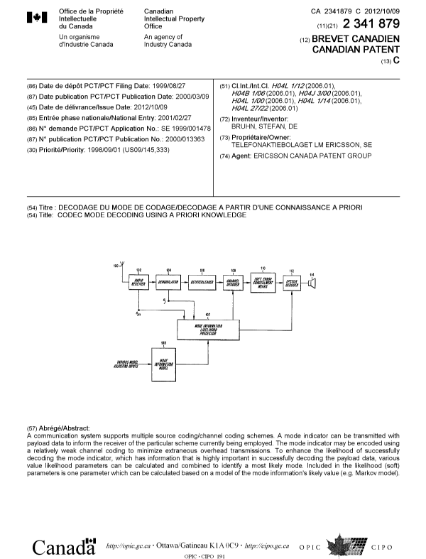 Document de brevet canadien 2341879. Page couverture 20120924. Image 1 de 1