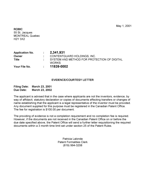 Document de brevet canadien 2341931. Correspondance 20010426. Image 1 de 1