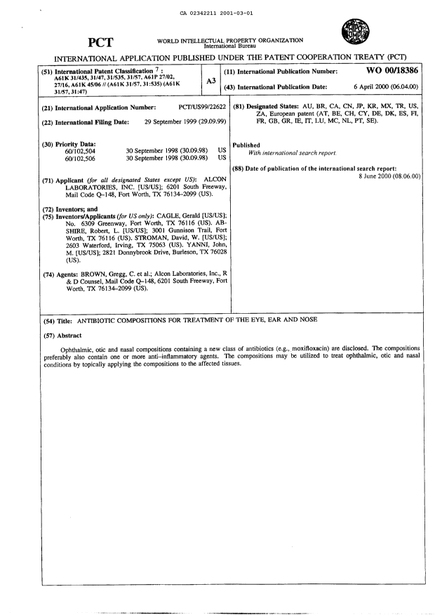 Document de brevet canadien 2342211. Abrégé 20001201. Image 1 de 1