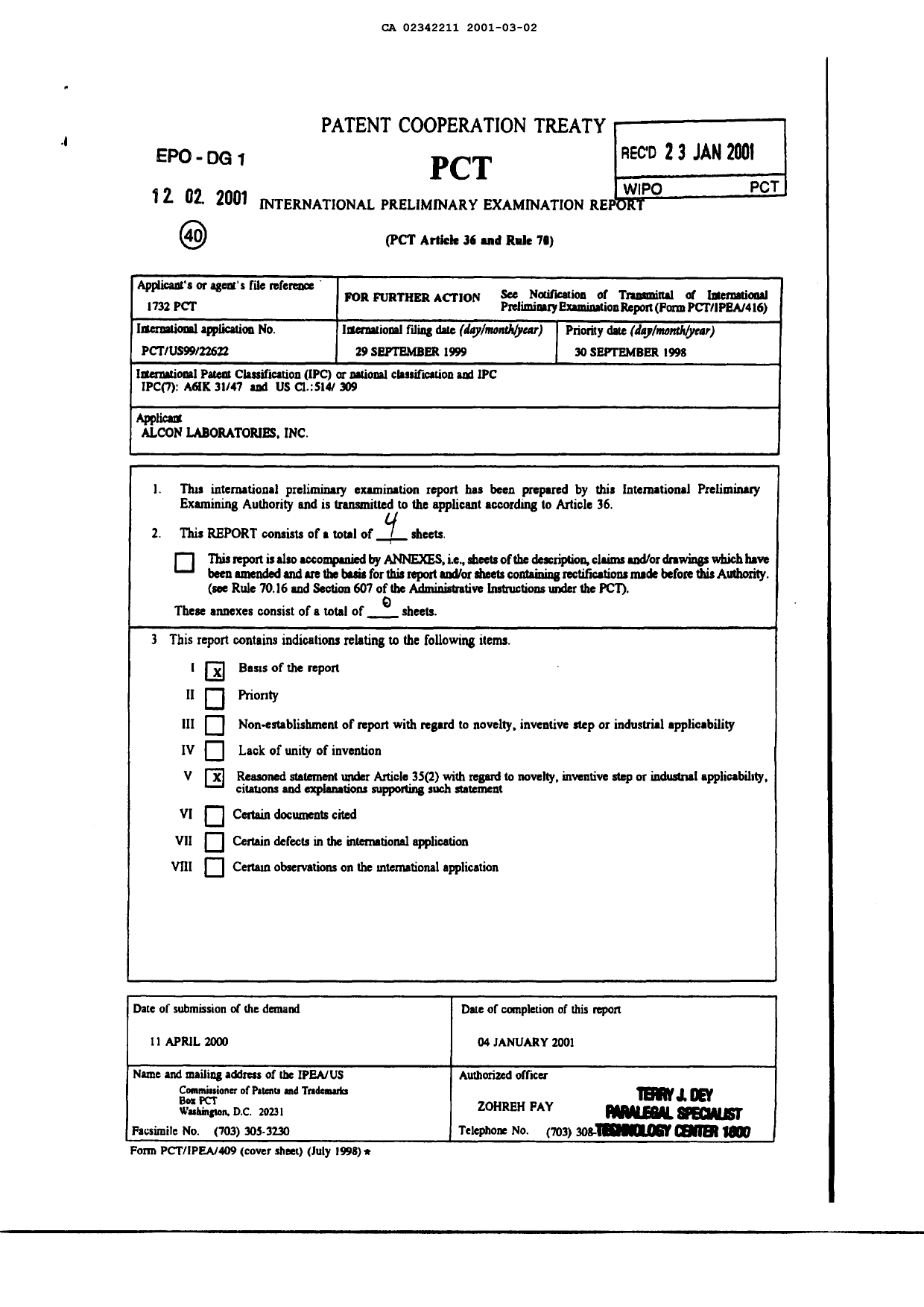 Canadian Patent Document 2342211. PCT 20001202. Image 1 of 4