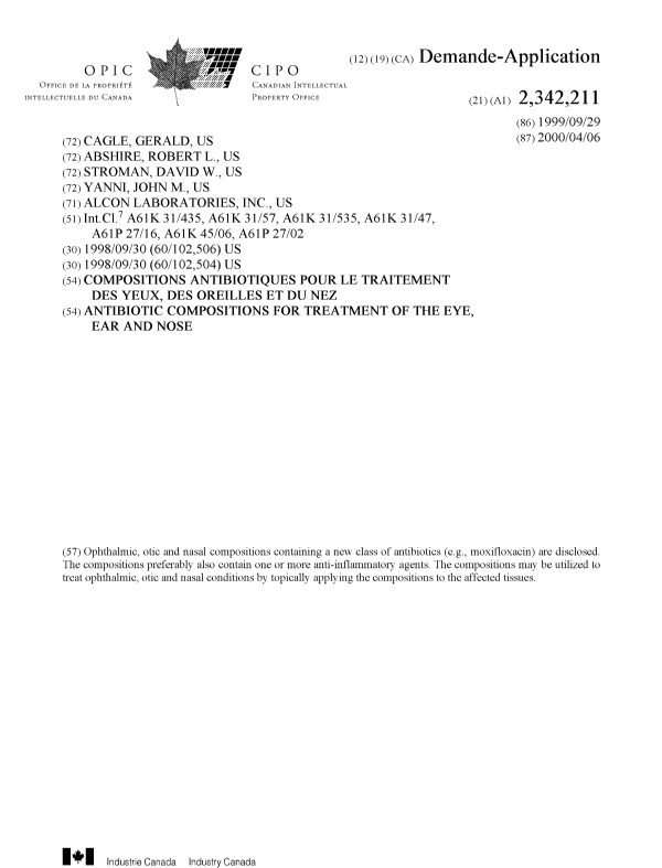 Document de brevet canadien 2342211. Page couverture 20001224. Image 1 de 1