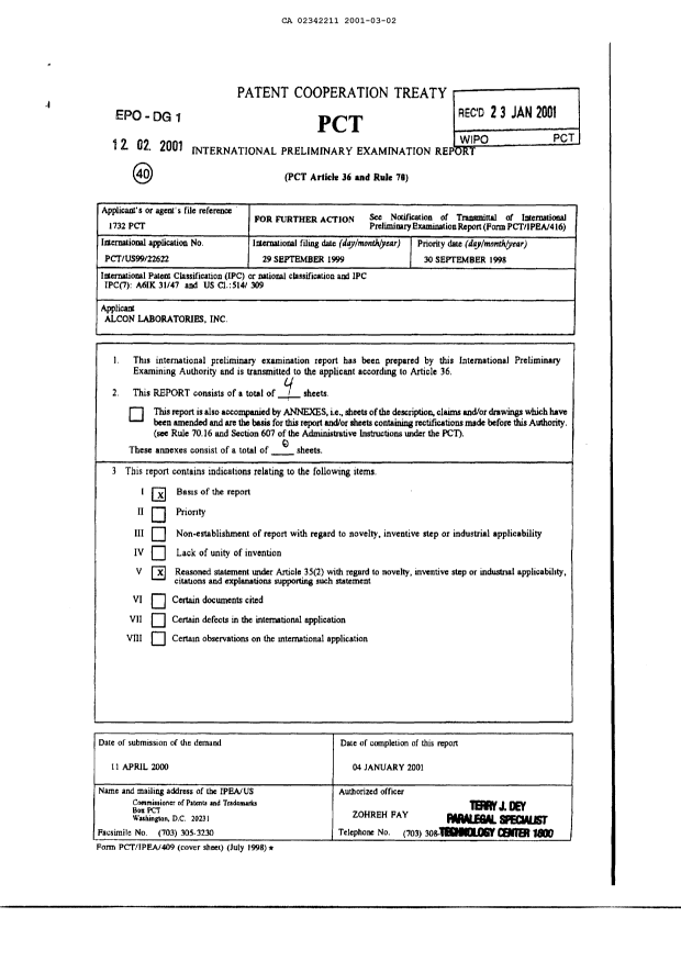 Document de brevet canadien 2342211. PCT 20010302. Image 1 de 4