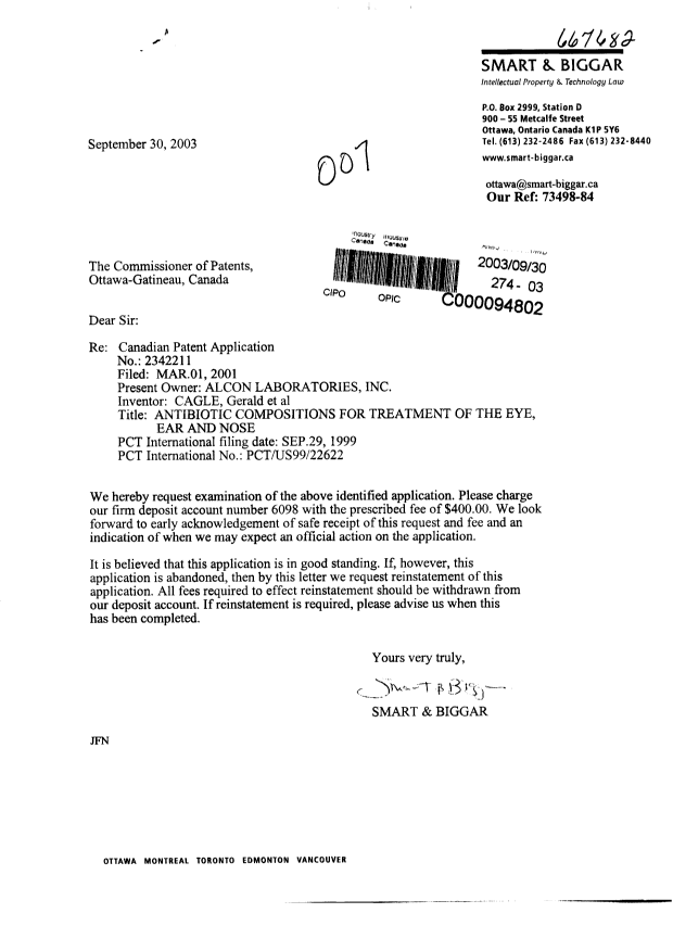Document de brevet canadien 2342211. Poursuite-Amendment 20021230. Image 1 de 1