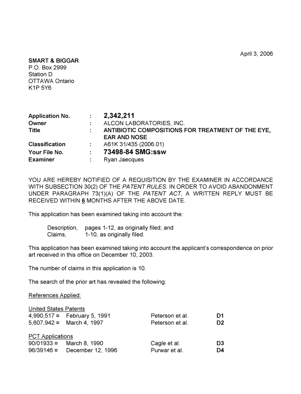 Canadian Patent Document 2342211. Prosecution-Amendment 20051203. Image 1 of 3