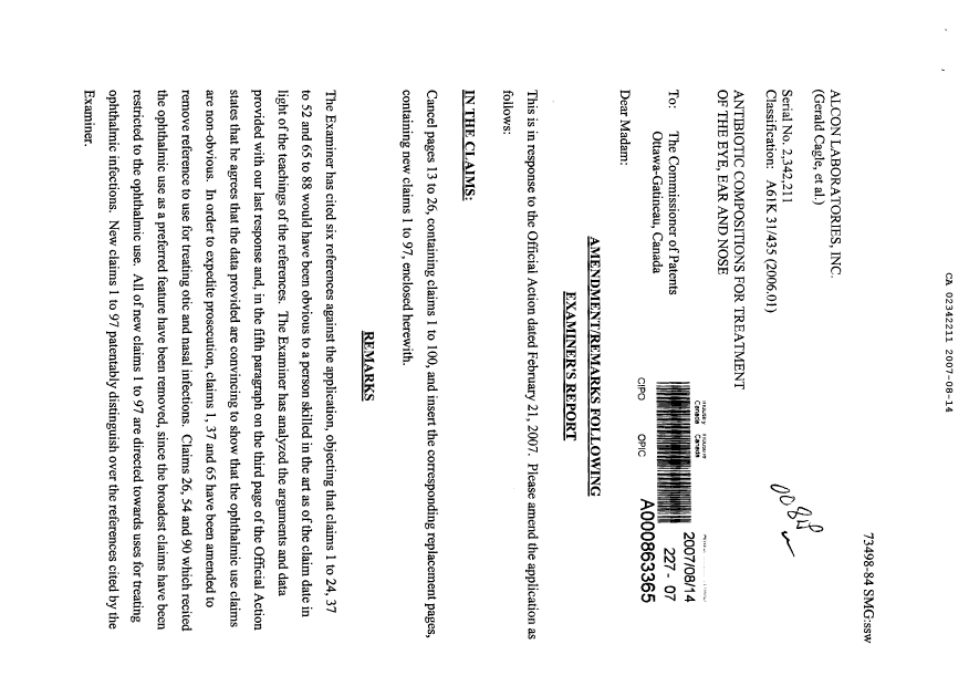 Document de brevet canadien 2342211. Poursuite-Amendment 20061214. Image 1 de 15