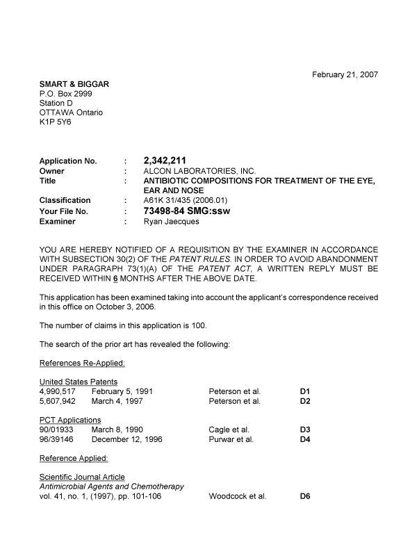 Canadian Patent Document 2342211. Prosecution-Amendment 20061221. Image 1 of 4