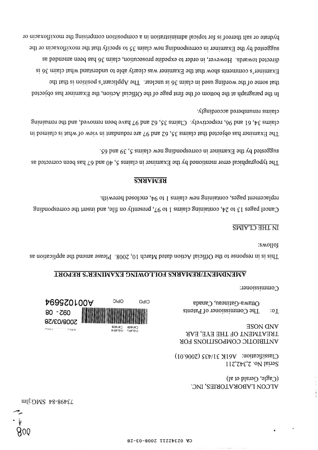 Canadian Patent Document 2342211. Prosecution-Amendment 20071228. Image 1 of 13