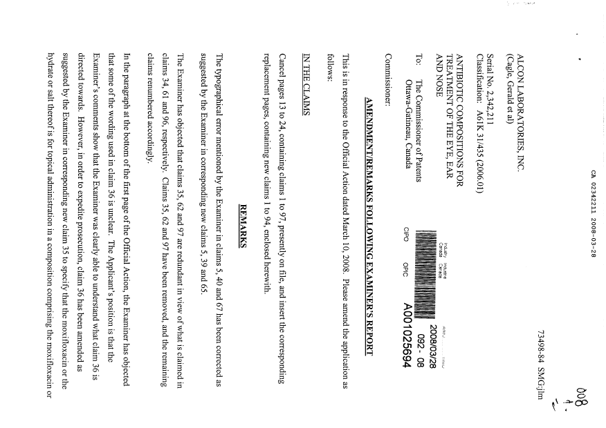 Document de brevet canadien 2342211. Poursuite-Amendment 20071228. Image 1 de 13