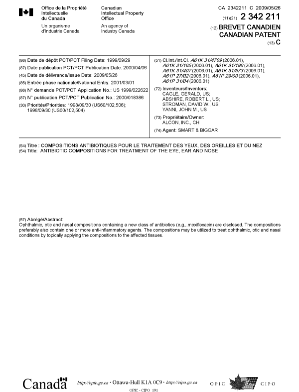 Document de brevet canadien 2342211. Page couverture 20090505. Image 1 de 1
