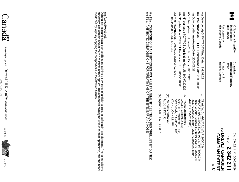 Document de brevet canadien 2342211. Page couverture 20090505. Image 1 de 1