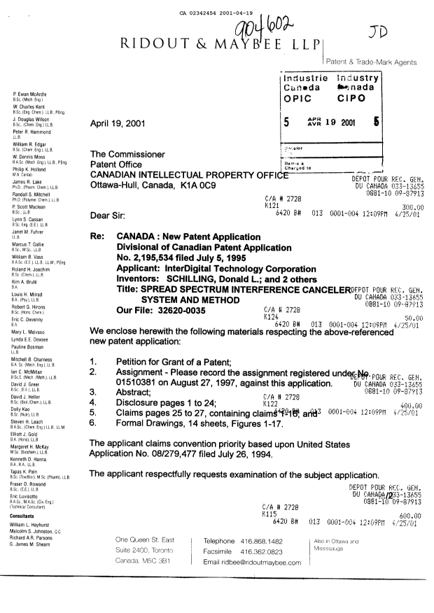 Document de brevet canadien 2342454. Cession 20010419. Image 1 de 4