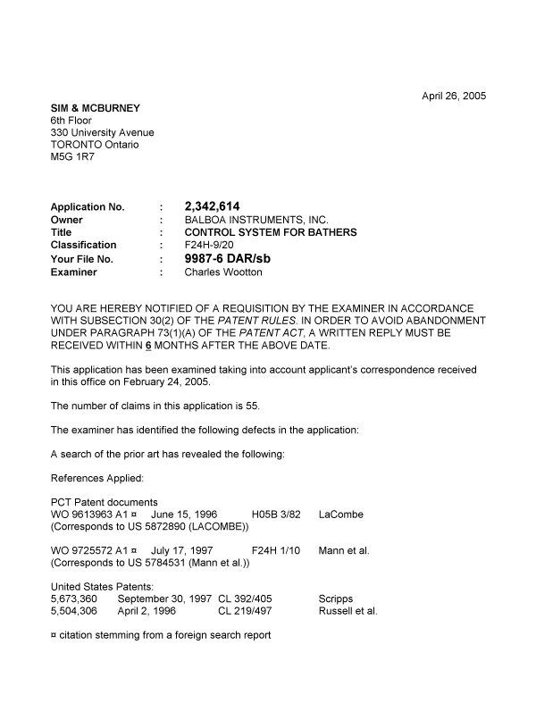 Canadian Patent Document 2342614. Prosecution-Amendment 20050426. Image 1 of 4