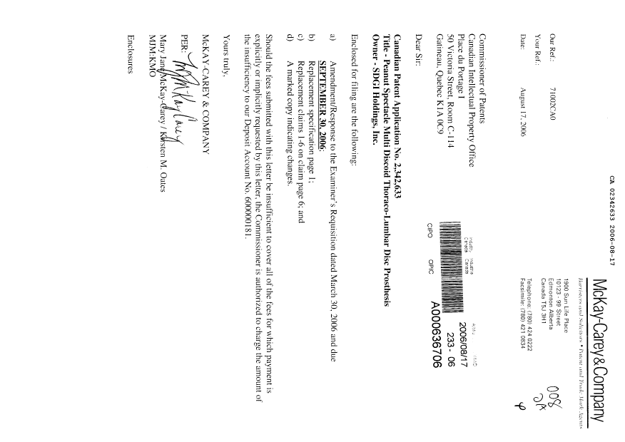 Canadian Patent Document 2342633. Prosecution-Amendment 20060817. Image 1 of 10