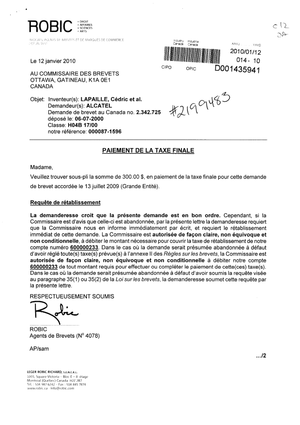 Canadian Patent Document 2342725. Correspondence 20100112. Image 1 of 2