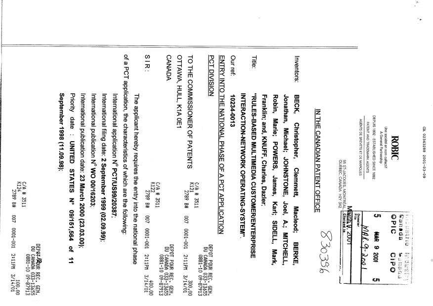 Canadian Patent Document 2343288. Assignment 20010309. Image 1 of 19