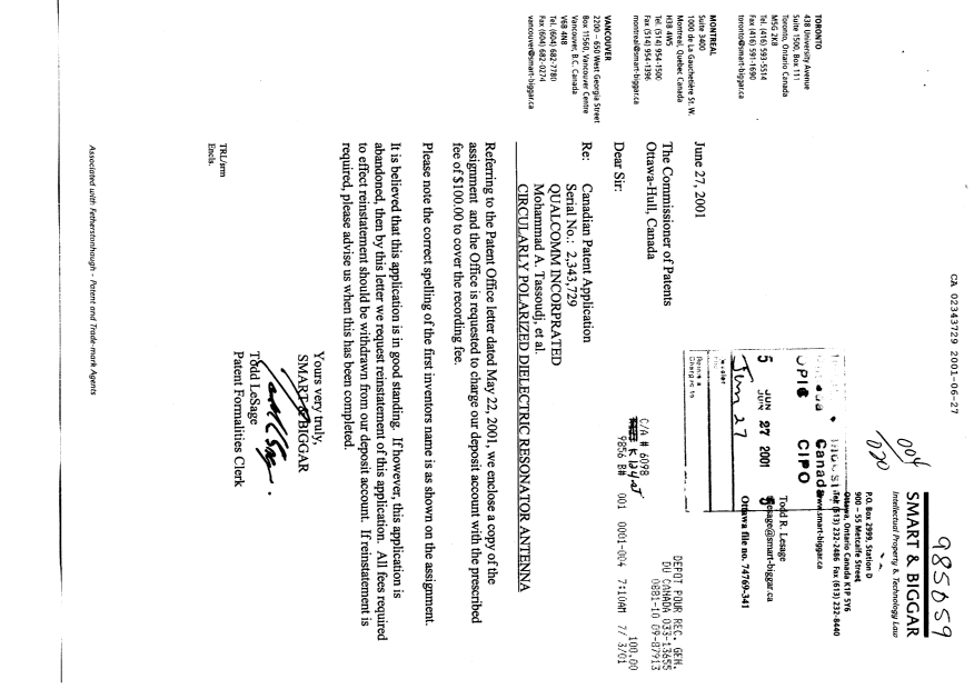 Canadian Patent Document 2343729. Assignment 20010627. Image 1 of 8