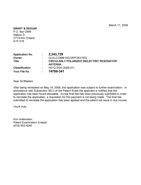 Canadian Patent Document 2343729. Correspondence 20090311. Image 1 of 1