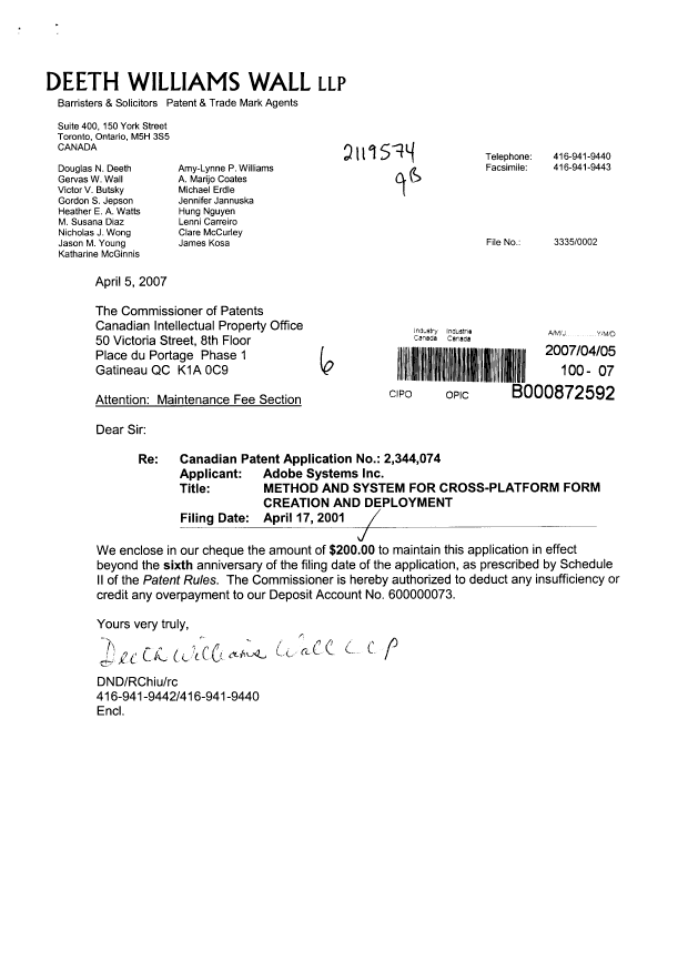 Canadian Patent Document 2344074. Fees 20070405. Image 1 of 1