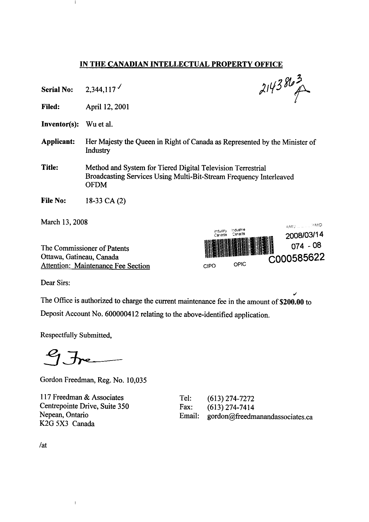Canadian Patent Document 2344117. Fees 20080314. Image 1 of 1