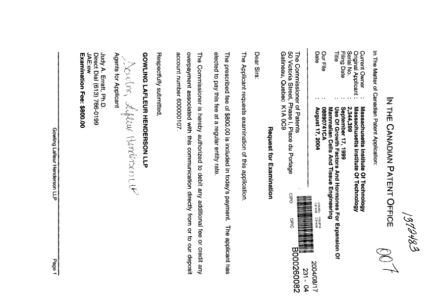 Canadian Patent Document 2344399. Prosecution-Amendment 20040817. Image 1 of 1