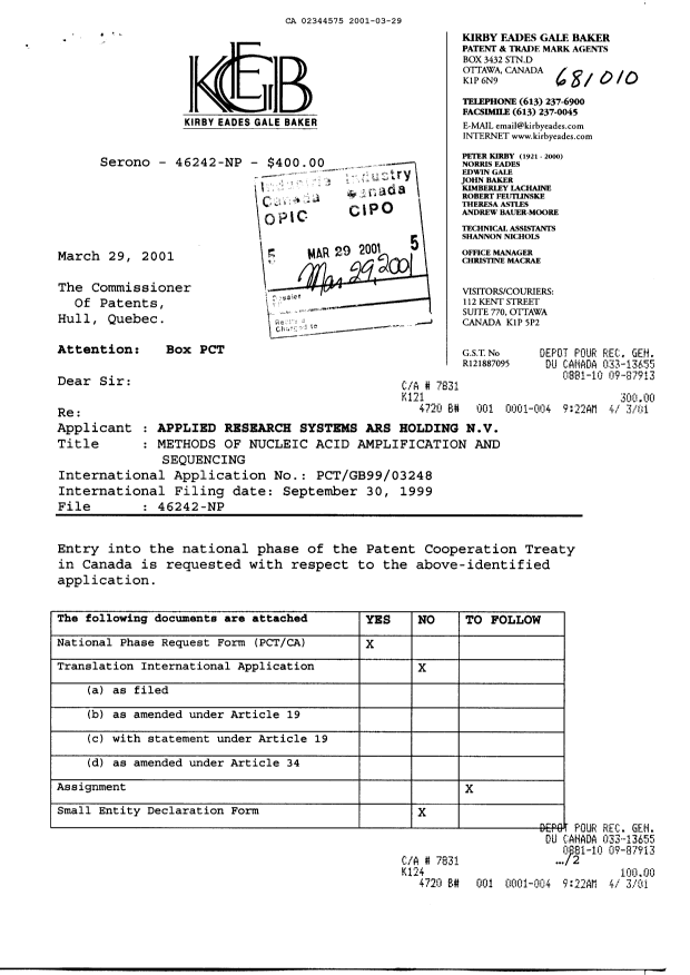 Document de brevet canadien 2344575. Cession 20010329. Image 1 de 4